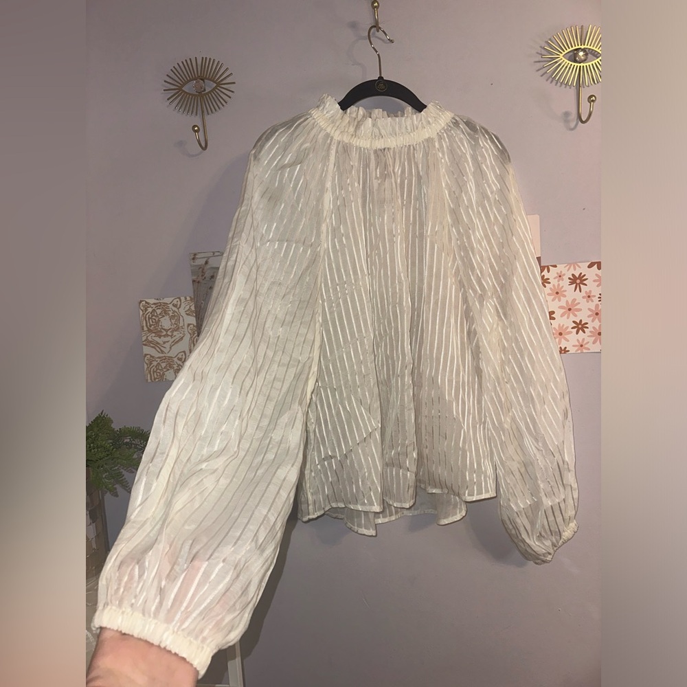 Ann Taylor Ruffle Neck Balloon Sleeve Stripe Blouse NWT - Picture 6 of 9